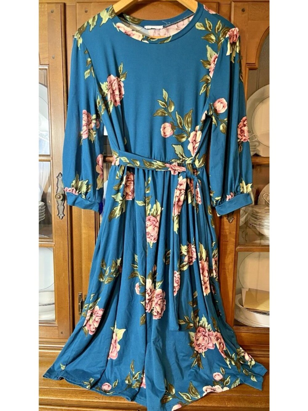 Reborn J Floral Dress Size Medium Blue w/Pink Flowers Feminine Modest